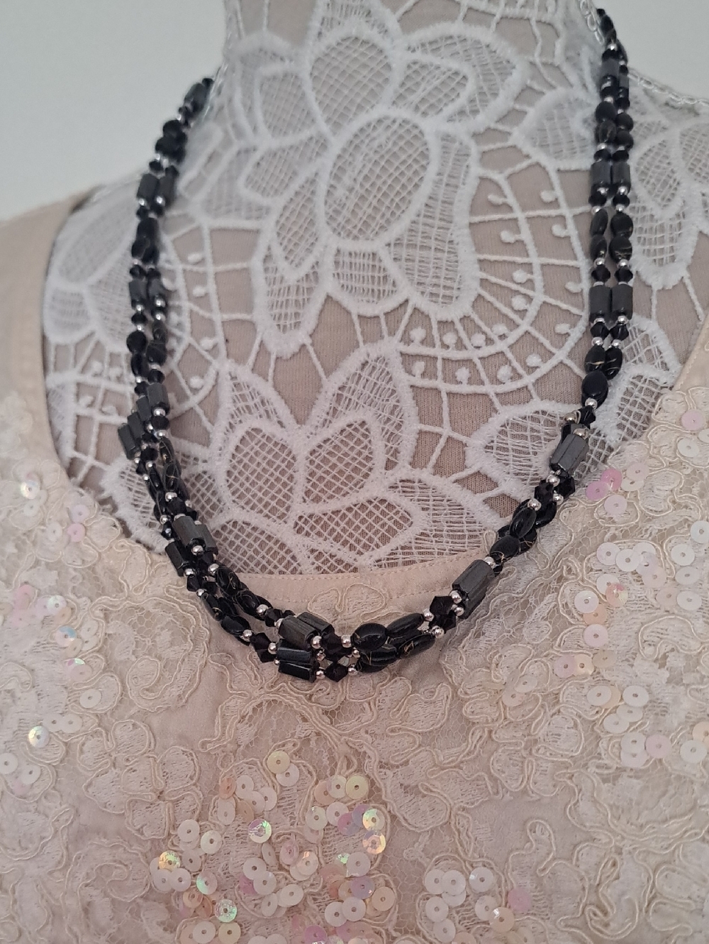 Set of Two Magnetic Elegant Black Bead Multi-Strand Two Necklace .